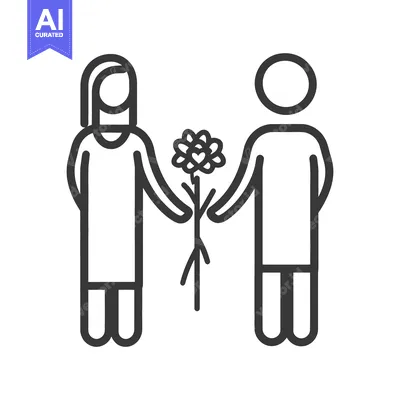 Aset desain premium: Two people share a flower offering in a simple line drawing