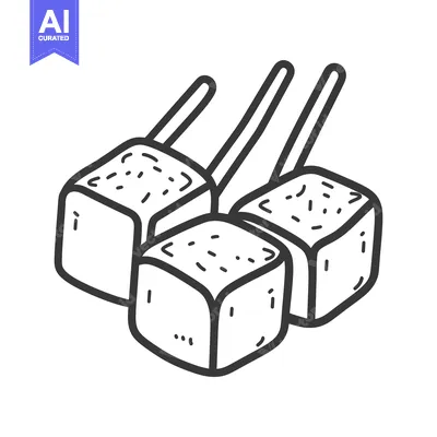 Three square cubes each skewered with small wooden sticks