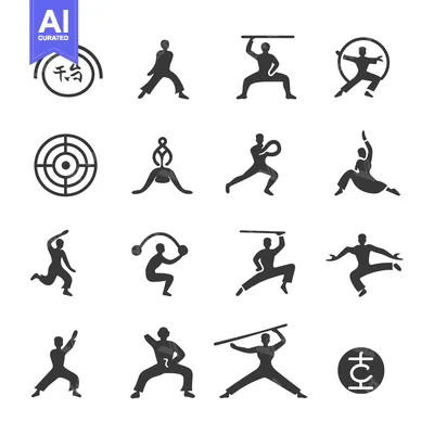 Premium design asset: Martial Arts Silhouettes and Symbols with Japanese Kanji