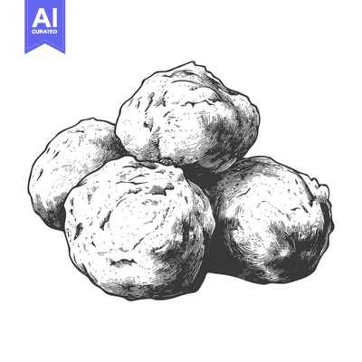 Aset desain premium: A vintage illustration shows a pile of breaded food items