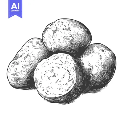 Aset desain premium: Four potatoes shown in a detailed black and white illustration