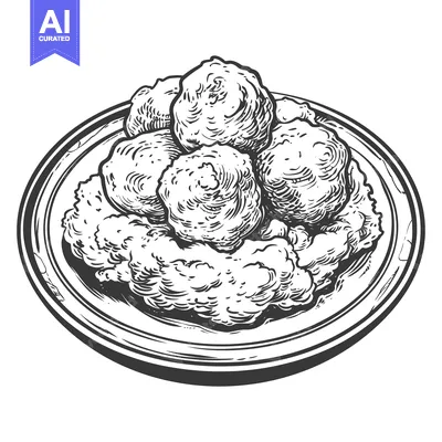 A drawing depicts a plate of meatballs and accompanying food
