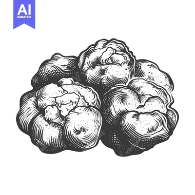 Aset desain premium: A Detailed Black and White Engraving of Several Caulifower Florets