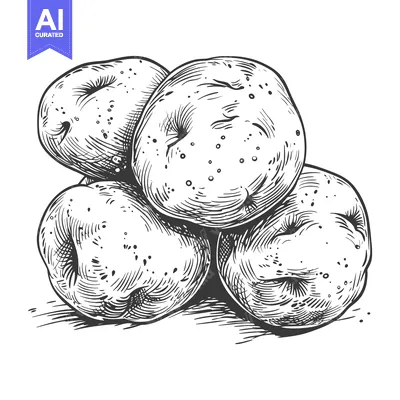 Aset desain premium: A monochrome drawing depicts four fresh potato tubers together
