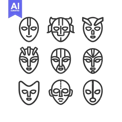 Aset premium populer: Nine Tribal Mask Icons: Cultural Heritage, Minimalist Line Art