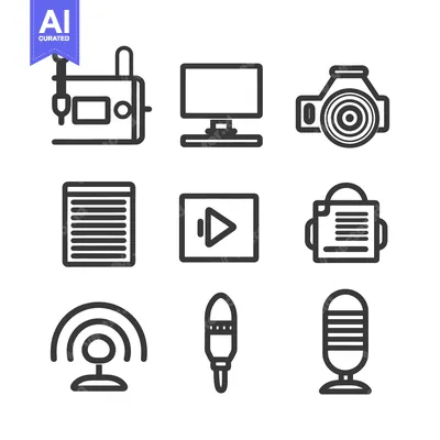 Premium design asset: Simple vector line art illustrations featuring recording and media too