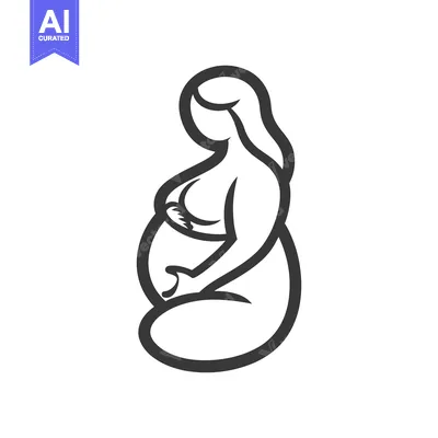 Premium design asset: A minimalist outline illustration showing a pregnant woman holding her