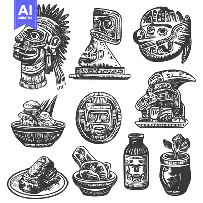Mayan Culture Elements with Masks, Food, and Artifacts