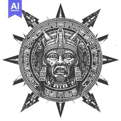 Aset desain premium: Mayan Deity Depiction with Geometric Ornamentation and Compass-like Po