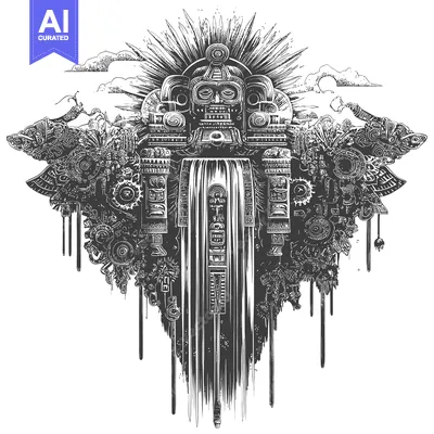 Aset desain premium: Mayan Deity with Waterfall and Intricate Designs