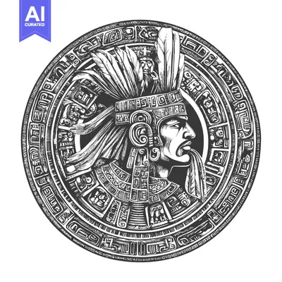 Aset desain premium: Mayan Glyphs and Warrior Depiction in Circular Design