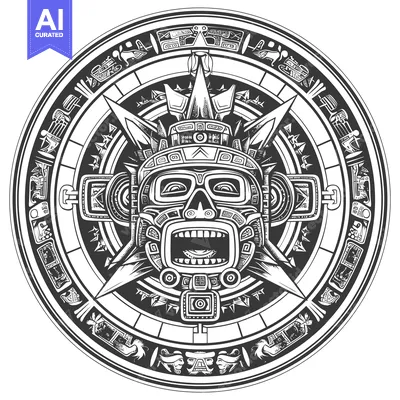 Aset desain premium: Mayan God Mask in Circular Frame with Detailed Glyphs