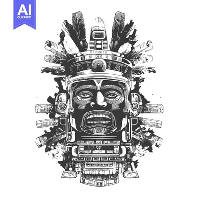 Aset desain premium: Mayan God Mask with Feathers and Geometric Details