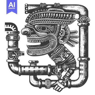 Aset desain premium: Mayan-Inspired Face Integrated into a Complex Pipe System