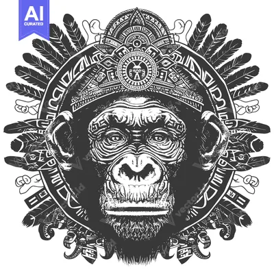Aset desain premium: Mayan Inspired Monkey with Headdress and Feathers