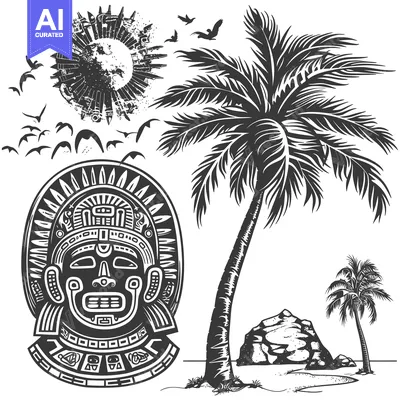 Aset premium populer: Mayan Mask with Palm Tree and Birds in Tropical Setting