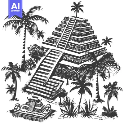 Aset desain premium: Mayan Pyramid Surrounded by Palm Trees and Lush Jungle Vegetation