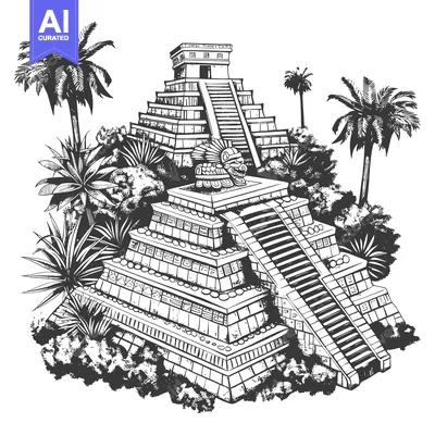 Aset desain premium: Mayan Pyramid with Palm Trees and Stone Guardian