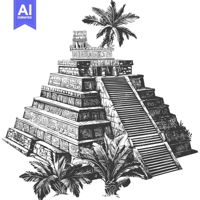 Popular premium asset: Mayan Pyramid with Palm Trees in Black and White Sketch
