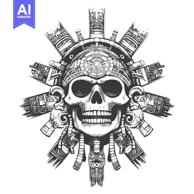 Aset desain premium: Mayan Skull Adorned with Intricate Geometric Designs