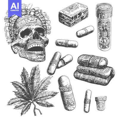 Aset premium populer: Mayan Skull With Feathers and Ancient Artifacts