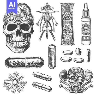 Premium design asset: Mayan Skull with Pills, Totem, and a Flower