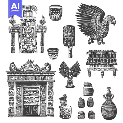 Aset desain premium: Mayan Temple, Artifacts, and Bird Figurines
