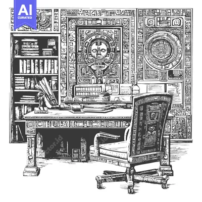 Aset premium populer: Mayan-Themed Office with Ornate Desk and Chair