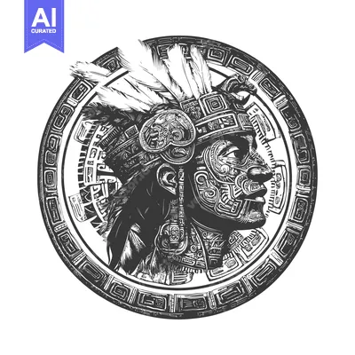 Aset premium populer: Mayan Warrior in Circular Frame with Ornate Headpiece and Body Decorat