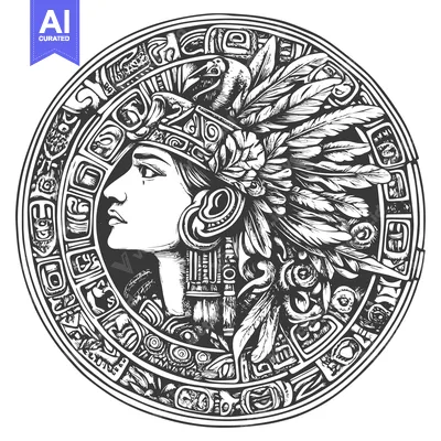 Aset desain premium: Mayan Warrior with Feathered Headdress and Ornamental Circle