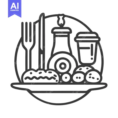 Aset desain premium: Simple black and white illustration of a meal setting on a plate