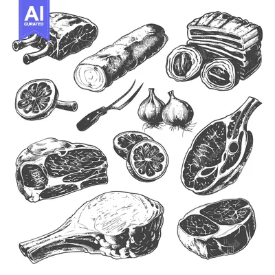 Aset desain premium: Artistic illustration showcasing various raw meats and associated ingr