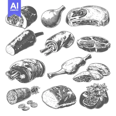 Aset desain premium: Various cuts of raw meats and citrus fruit are displayed here