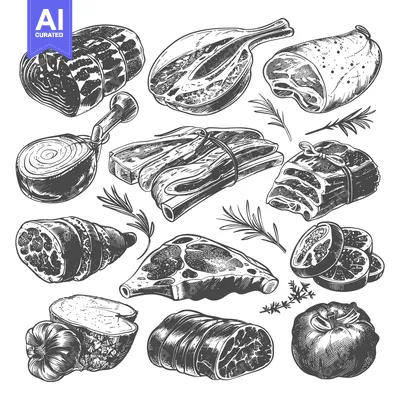 Download Illustrations depicting various cuts of fresh uncooked meat products Vector Graphic