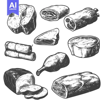 Aset premium populer: Assortment of various meat cuts depicted in a monochrome illustration
