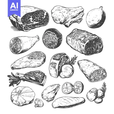 Aset desain premium: Various types of butchered and prepared meat arranged in a pattern