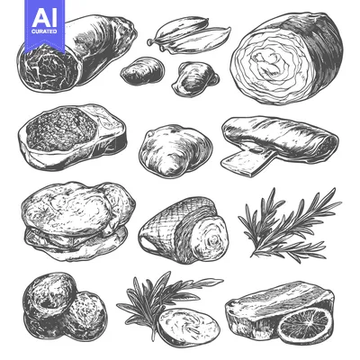 Aset premium populer: Various cuts of meat and other food are arranged in artwork