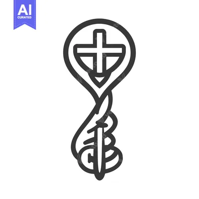 Aset desain premium: A hand holding a sword with a cross inside a circular frame