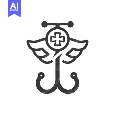 Aset desain premium: Graphic representation of a medical symbol featuring wings and a cross