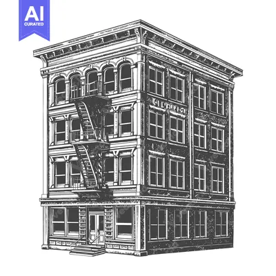 Aset desain premium: Detailed black and white illustration of a tall urban building structu