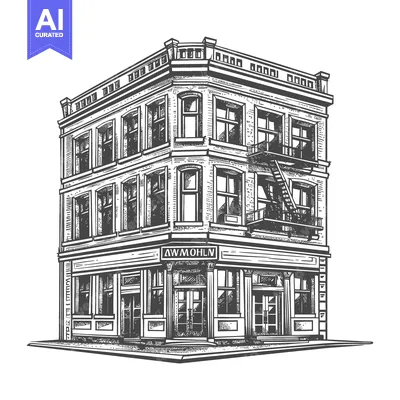 Aset desain premium: A three story brick corner building with many windows and a fire escap