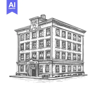 Aset desain premium: A detailed pen and ink drawing of an old building facade