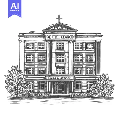 Premium design asset: A detailed black and white illustration of a grand multi story buildin