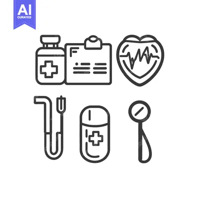 Premium design asset: Several line art illustrations of medical symbols and equipment are di