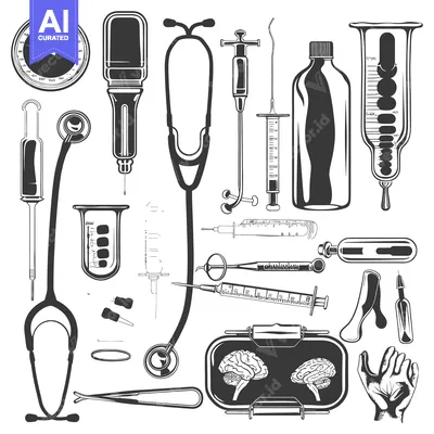 Aset desain premium: Medical Equipment and Human Brain Illustration