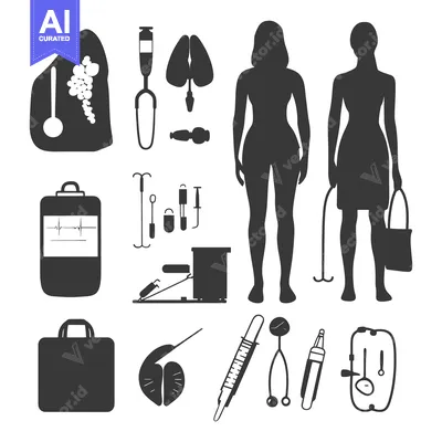 Aset desain premium: Medical Equipment and Patient Silhouettes for Healthcare and Diagnosis