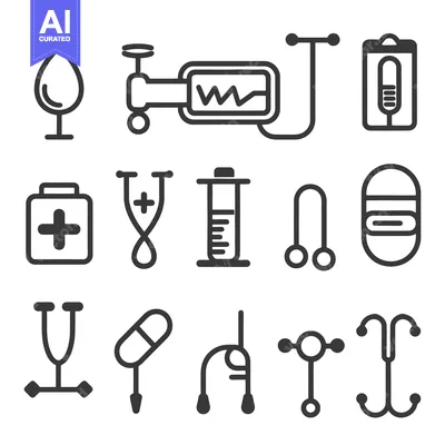 Simple black line art icons depicting healthcare and medical equipment