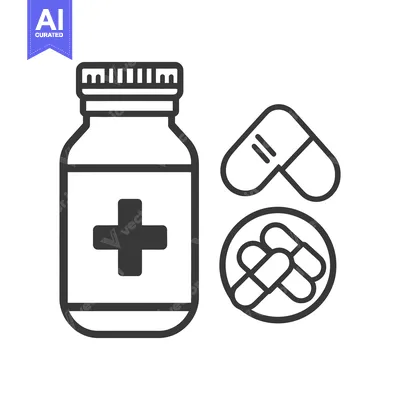 A medication bottle and capsules are illustrated in a simple design