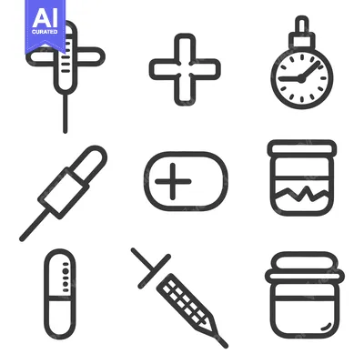 Aset desain premium: Several line art medical and healthcare related symbols are present