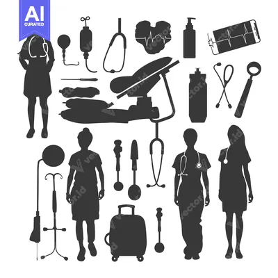 Aset desain premium: Medical Professionals and Equipment Silhouettes
